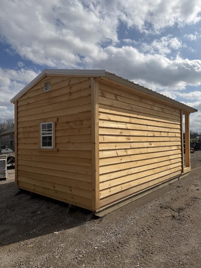 10' x 20' Amish-Built Rough Sawn Structure with Timber Frame Porch, Metal Roof & Wrapped Enclosure*