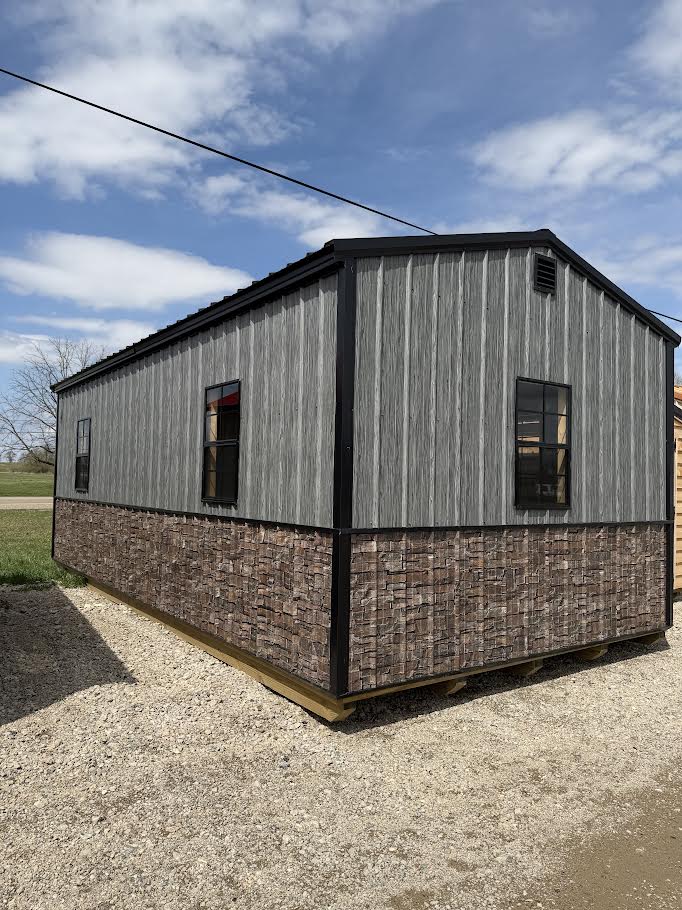 12'X24' Amish Made Steel Storage Building Stacked Stone/Woodgrain Wainscotting*