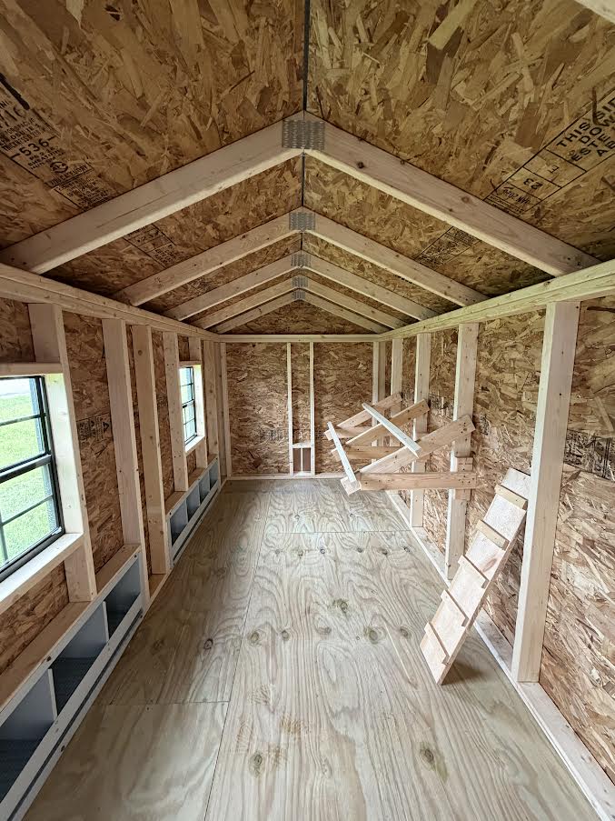 6' x 12' Amish-Built Chicken Coop with Modern Wood Grain & Stacked Stone Wainscoting*