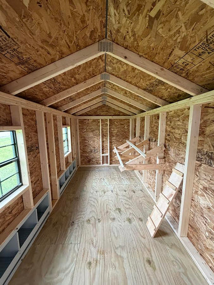 6' x 12' Amish-Built Chicken Coop with Modern Wood Grain & Stacked Stone Wainscoting*