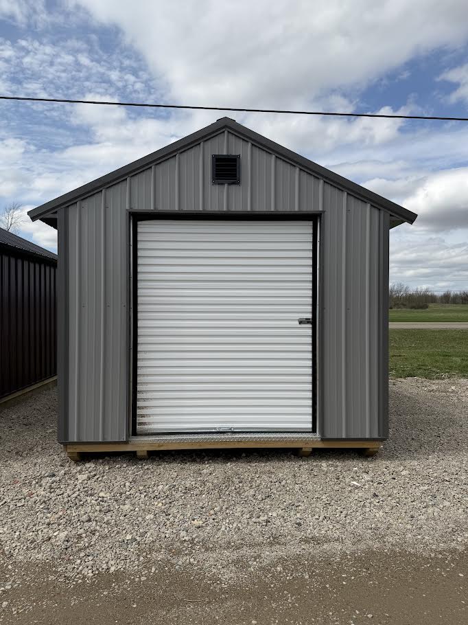 10×14 Steel Shed – 6′ Roll-Up Door & Side Entry with Glass*