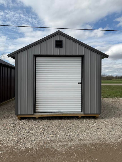 10×14 Steel Shed – 6′ Roll-Up Door & Side Entry with Glass*