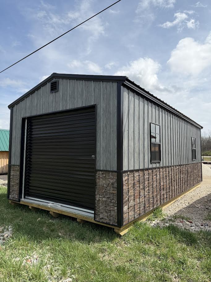 12'X24' Amish Made Steel Storage Building Stacked Stone/Woodgrain Wainscotting*