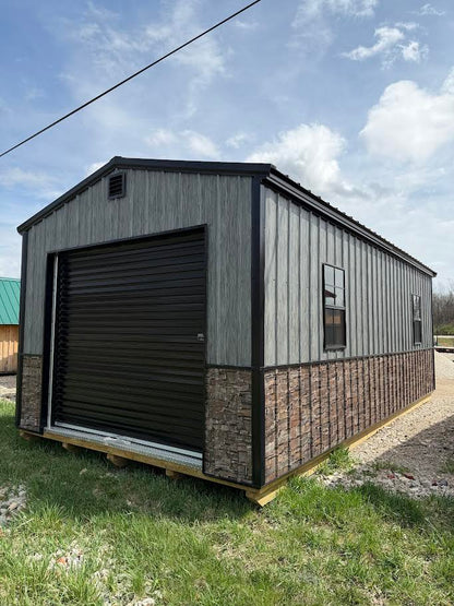 12'X24' Amish Made Steel Storage Building Stacked Stone/Woodgrain Wainscotting*