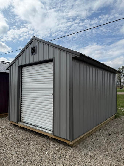 10×14 Steel Shed – 6′ Roll-Up Door & Side Entry with Glass*