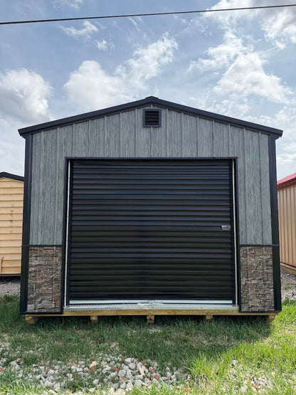 12'X24' Amish Made Steel Storage Building Stacked Stone/Woodgrain Wainscotting*