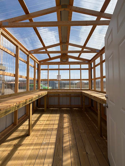 10×12 Greenhouse Potting Shed – White Steel – Vents & Benches*