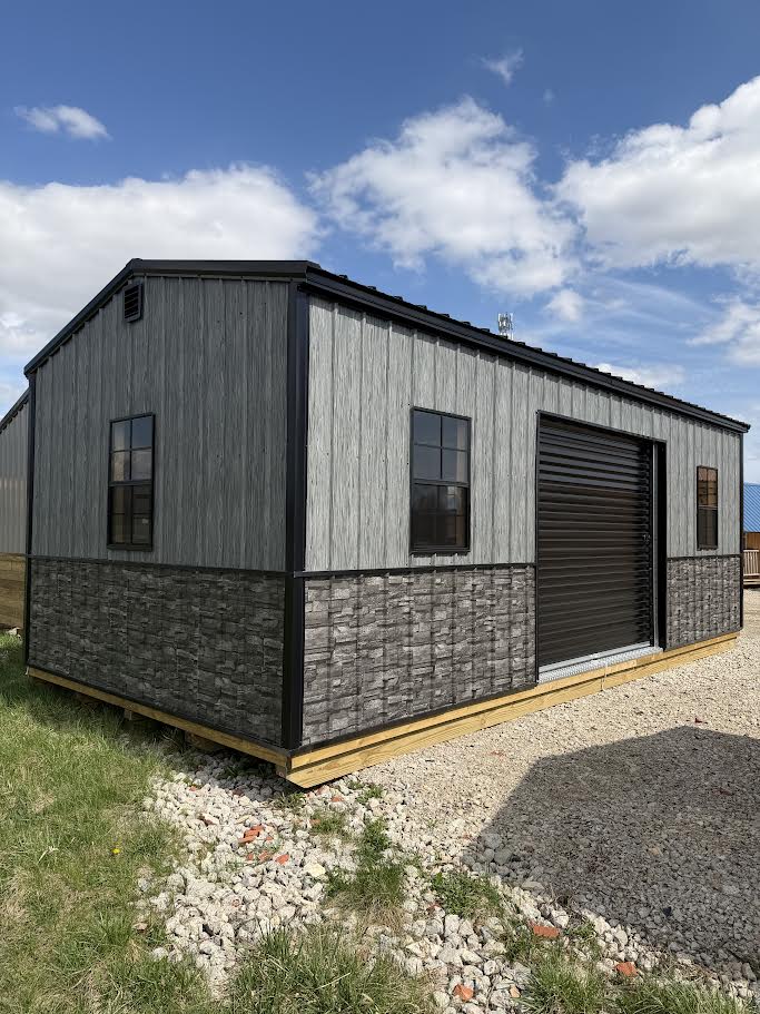 12' x 24' Amish-Built Steel Structure with Wood Grain & Stacked Stone Wainscoting*