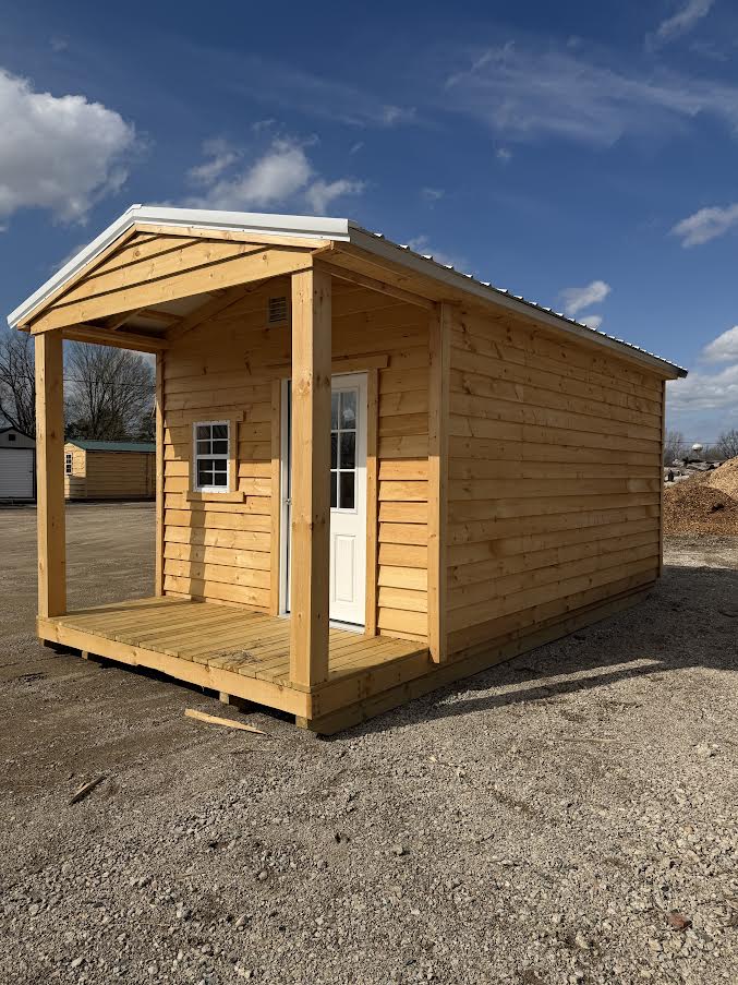 10' x 20' Amish-Built Rough Sawn Structure with Timber Frame Porch, Metal Roof & Wrapped Enclosure*