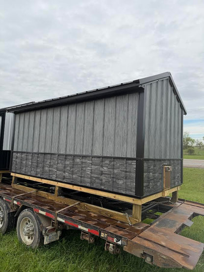 6' x 12' Amish-Built Chicken Coop with Modern Wood Grain & Stacked Stone Wainscoting*