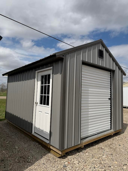 10×14 Steel Shed – 6′ Roll-Up Door & Side Entry with Glass*