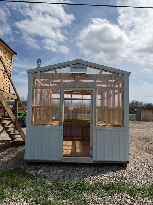 10×12 Greenhouse Potting Shed – White Steel – Vents & Benches*