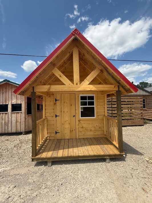 8x16 Amish Built Playhouse with a 4' Enclosed Porch, 3 Windows and Loft and Built in Features