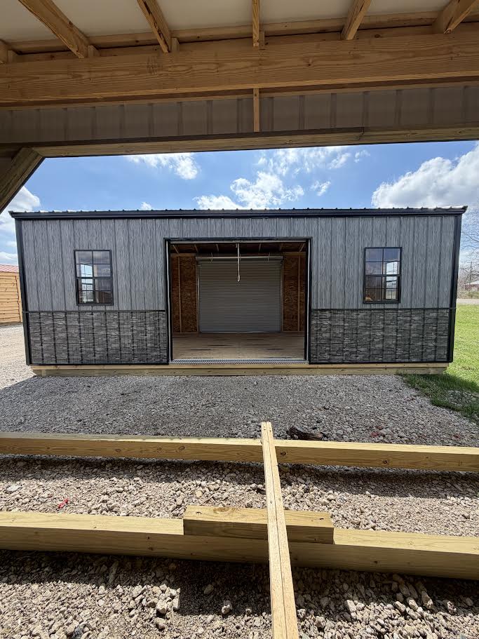 12' x 24' Amish-Built Steel Structure with Wood Grain & Stacked Stone Wainscoting*