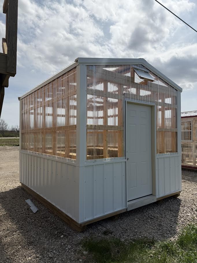 10×12 Greenhouse Potting Shed – White Steel – Vents & Benches*