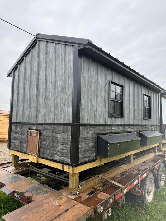 6' x 12' Amish-Built Chicken Coop with Modern Wood Grain & Stacked Stone Wainscoting*
