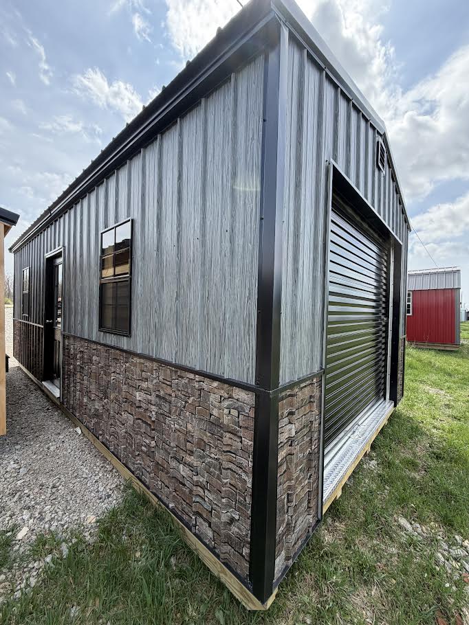 12'X24' Amish Made Steel Storage Building Stacked Stone/Woodgrain Wainscotting*