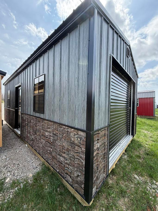 12'X24' Amish Made Steel Storage Building Stacked Stone/Woodgrain Wainscotting*