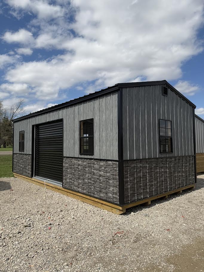 12' x 24' Amish-Built Steel Structure with Wood Grain & Stacked Stone Wainscoting*