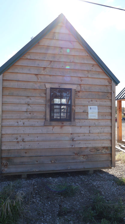 8×12 Rough Sawn Cabin with 8×8 Enclosed 4′ Porch – Green Steel Roof