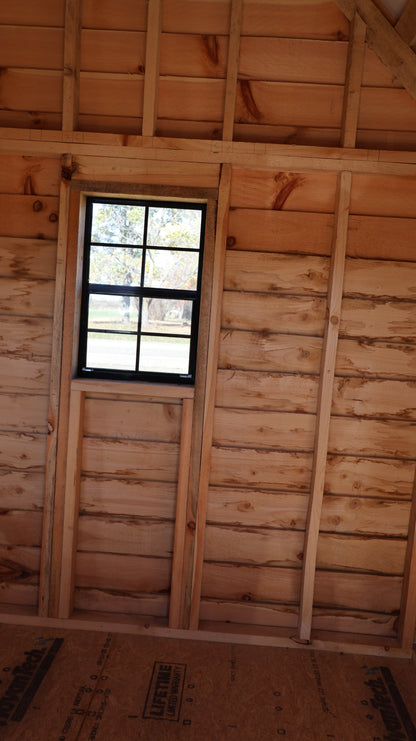 8×12 Rough Sawn Cabin with 8×8 Enclosed 4′ Porch – Green Steel Roof