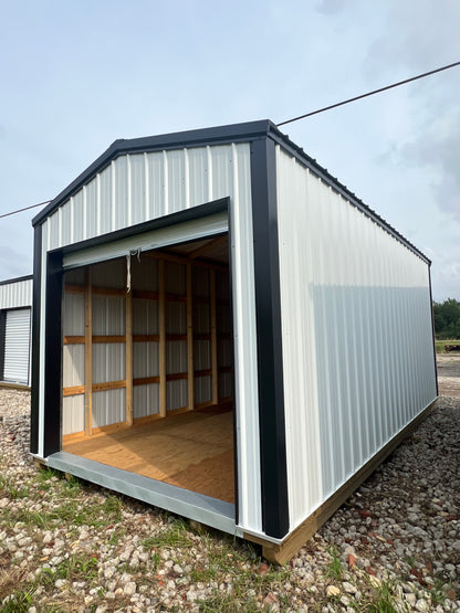 10x20 white steel shed with 8' roll up door