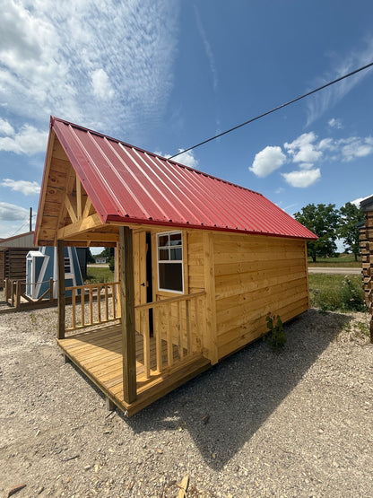 8x16 Amish Built Playhouse with a 4' Enclosed Porch, 3 Windows and Loft and Built in Features