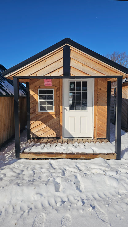 8×16 Cabin-Style Shed (8×12) with 4′ Porch – Black Roof – DIAG Siding