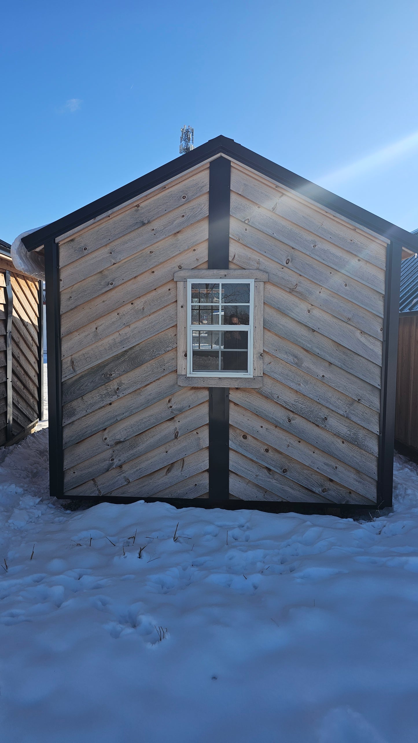 8×16 Cabin-Style Shed (8×12) with 4′ Porch – Black Roof – DIAG Siding