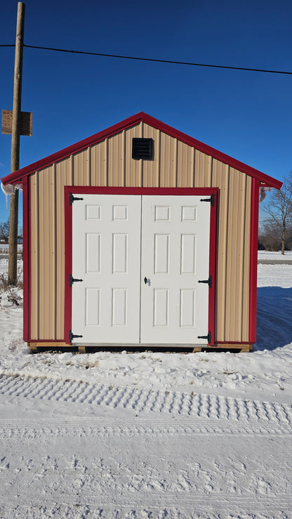 10×16 Steel Shed – Red Roof & Tan Sides