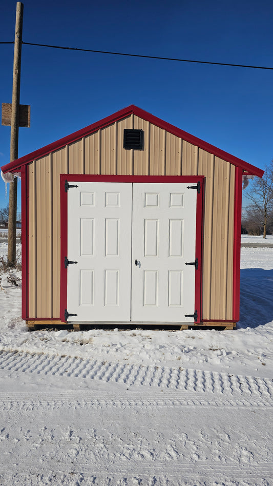 10×16 Steel Shed – Red Roof & Tan Sides