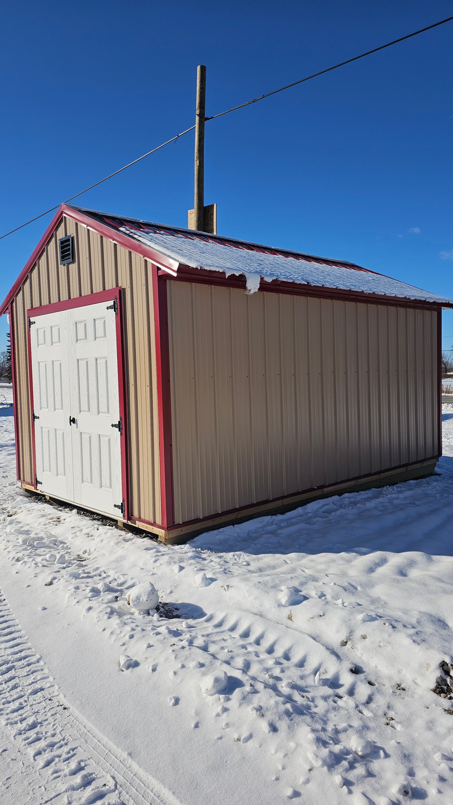 10×16 Steel Shed – Red Roof & Tan Sides