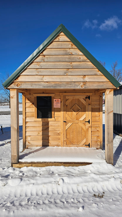 8×12 Rough Sawn Cabin with 8×8 Enclosed 4′ Porch – Green Steel Roof