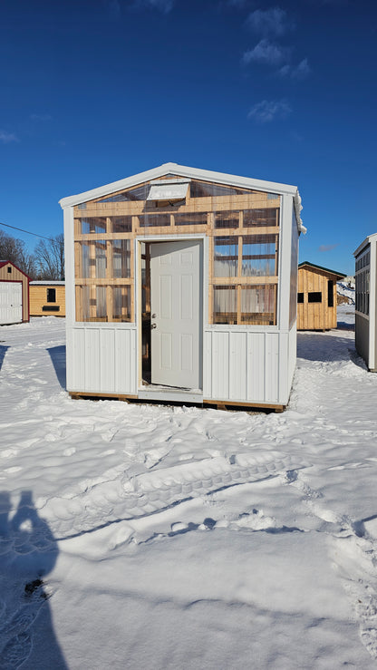 10×12 Greenhouse Potting Shed – White Steel – Vents & Benches