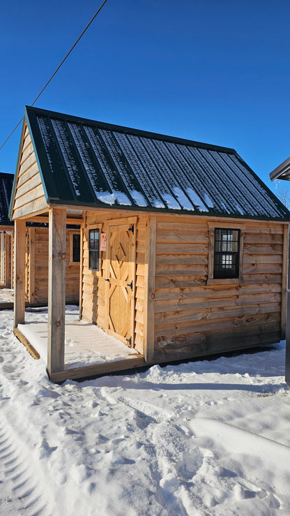 8×12 Rough Sawn Cabin with 8×8 Enclosed 4′ Porch – Green Steel Roof