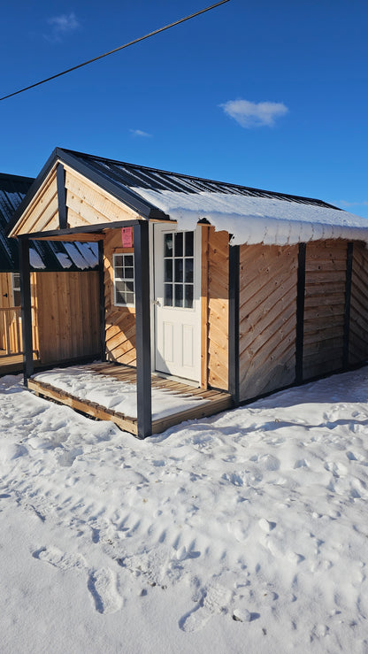 8×16 Cabin-Style Shed (8×12) with 4′ Porch – Black Roof – DIAG Siding